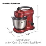 Hamilton Beach Electric Stand Mixer, 4 Quarts, Dough Hook, Flat Beater Attachments, Splash Guard, 7 Speeds with Whisk, Easy-Carry Top Handle, Red