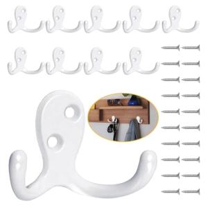 Homanu 10 Pack Coat Hooks, Heavy Duty Double Prong Coat Hooks Wall Mounted with 20 Screws, No Rust White Metal Wall Hooks for Hanging Towel, Coat, Bag, Hat, Cup, Key