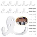 Homanu 10 Pack Coat Hooks, Heavy Duty Double Prong Coat Hooks Wall Mounted with 20 Screws, No Rust White Metal Wall Hooks for Hanging Towel, Coat, Bag, Hat, Cup, Key