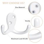 Homanu 10 Pack Coat Hooks, Heavy Duty Double Prong Coat Hooks Wall Mounted with 20 Screws, No Rust White Metal Wall Hooks for Hanging Towel, Coat, Bag, Hat, Cup, Key