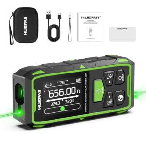 Huepar Dual Laser Measuring Tool, 656Ft Green-Beam Bilateral Digital Laser Distance Measure 6 Units Ft/in/M, Rechargeable Laser Measurement Tool -Backlit LCD Display, Length/Area/Volume/Angle Sensor