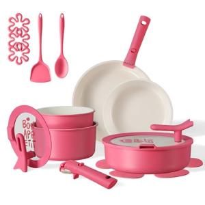 CAROTE 18Pcs Ceramic Cookware Set with Detachable Handle, Pots and Pans Set Non Stick, Non Toxic Kitchen Cooking Sets with Stand-Up Lid, PFAS and PFOA Free, Oven Safe, Induction Ready, Pink