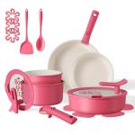 CAROTE 18Pcs Ceramic Cookware Set with Detachable Handle, Pots and Pans Set Non Stick, Non Toxic Kitchen Cooking Sets with Stand-Up Lid, PFAS and PFOA Free, Oven Safe, Induction Ready, Pink