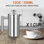 Small French Press Coffee Maker - Small 12oz/350ml Single Cup Metal French Press(1 Cup), Stainless Steel Double Wall Insulated Coffee & Tea Maker w/ 3 Extra Screens + 1 Spoon (Silver), Dishwasher Safe