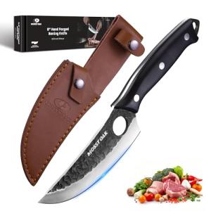Mossy Oak Chef Knife, Kitchen Knife for Boning, Cutting, and Chopping, Hand Forged Boning Knife Full Tang Handle with Genuine Leather Sheath, Meat Cleaver Knife for Outdoor Cooking, Camping