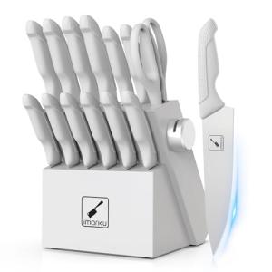imarku® 14-Piece Kitchen Knife Set with Block and Sharpener, Professional Stainless Steel with Non-Slip Ergonomic Handle, Dishwasher Safe, Home Essential, Gray-White