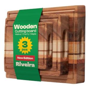 Riveira Premium Maple/Cherry/Walnut Wood Cutting Board – Versatile and Durable: Set Of 3 Pcs Rectangular Wooden Cutting Board – Natural Wooden Cutting Boards For Kitchen - Complete Cutting Boards