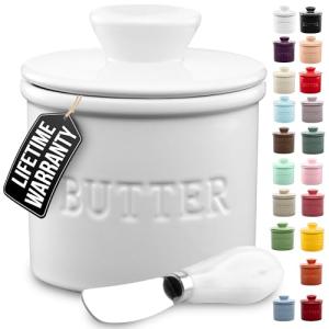 Zulay Kitchen Butter Crock With Lid & Spreader Knife for Countertop - Ceramic French Butter Dish Keeper For Fresh & Spreadable Butter - White