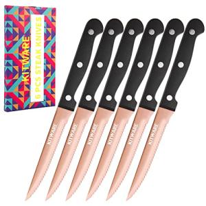 KITWARE Rose Gold Steak Knife Set, 6-Piece, 4.5 Inch Serrated, Stainless Steel Tableware Cutlery for Vegetables, Meat, Bread and Butter