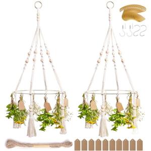 PROTITOUS Herb Drying Rack with Decorative Tassels, 2-Pack Includes 20 Golden Hooks, 25 Gift Tags & 32ft Jute Twine - Hanging Herb Dryer for Kitchen, Garden, Home Decor