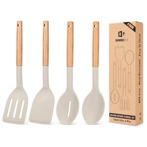 Pack of 4 Silicone Cooking Utensils Set, Non Stick Solid Spatulas and Heat Resistant Slotted Spoons with Wooden Handle, Ideal Wood Kitchen Utensils Set for Frying,Serving,Turning,Stirring (KHAKI)