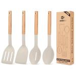 Pack of 4 Silicone Cooking Utensils Set, Non Stick Solid Spatulas and Heat Resistant Slotted Spoons with Wooden Handle, Ideal Wood Kitchen Utensils Set for Frying,Serving,Turning,Stirring (KHAKI)