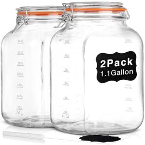 [UPGRADE] 2 Pack Square Super Wide Mouth Airtight Glass Storage Jars with Lids, 1.1 Gallon Glass Container with 2 Measurement Marks, Canning Jars with Leak-proof Lid for Kitchen (Spare Gasket)
