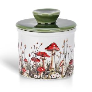 Mushroom Butter Crock - French Style Ceramic Butter Keeper and Butter Dish with Lid, Red and White Butter Holder for Countertop Storage, Airtight Container for Soft, Spreadable Butter