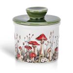 Mushroom Butter Crock - French Style Ceramic Butter Keeper and Butter Dish with Lid, Red and White Butter Holder for Countertop Storage, Airtight Container for Soft, Spreadable Butter