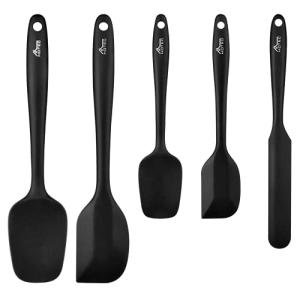 HOTEC 600℉ Heat Resistant BPA-Free Silicone Rubber Spatula Set,Kitchen Cooking Spatulas, Baking, Mixing for Non Stick Cookware, Dishwasher Safe, Black Set of 5