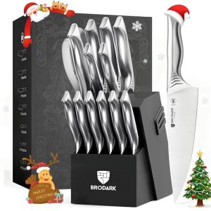 BRODARK Kitchen Knife Set with Block - 15-Piece Knife Block Set with Built-in Sharpener - High Carbon Stainless Steel Kitchen Knives Set for Kitchen - Christmas Gift, Shark Series