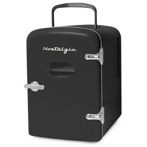 Nostalgia Retro Mini Fridge and Heater 6-Can Capacity, 12-Volt Power Adapter, Carry Handle and Display Window-Perfect for Home, Office, Car, or Dorm Room-Black