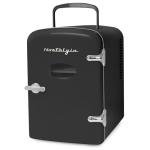Nostalgia Retro Mini Fridge and Heater 6-Can Capacity, 12-Volt Power Adapter, Carry Handle and Display Window-Perfect for Home, Office, Car, or Dorm Room-Black