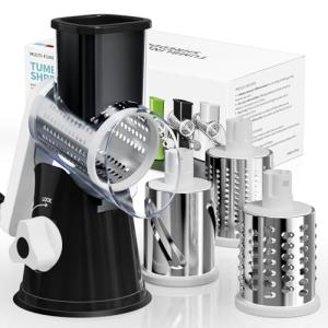 Nexsujo Rotary Cheese Grater Hand Crank, 3 Blades Slicer Shredder, Cheese Grater for Kitchen, Multi-Functional Kitchen Tool for Vegetables, Nuts, Chocolate, with Strong Suction Base, Black