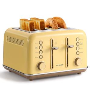 BUYDEEM DT640 Retro 4 Slice Toaster, 7 Shade Settings, Extra Wide 1.5'' Slots, Stainless Steel Toaster with Bagel Muffin Defrost Reheat Function, Yellow