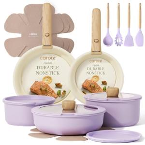CAROTE Pots and Pans Set Non Stick, Cookware Sets, 19pcs Kitchen Set, Oven/Fridge Safe, Space Saving Pots Set, Nonstick Set with Versatile Removable/Detachable Handle, Induction RV Set, Purple