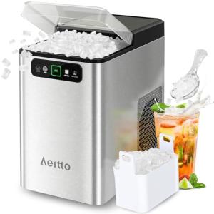 Aeitto Nugget Ice Maker Countertop, Pellet Ice Machine Soft Chewable Ice 40lbs/Day, One-Click Operation, Auto Self-Cleaning Crushed Ice Makers Stainless with Scoop for Home/Kitchen/Office (Silver)