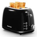 Roter Mond 2 Slice Toaster Retro Stainless Steel with Bagel, Cancel, and Defrost Functions, 6 Bread Shade Settings, Extra Wide Slots and Removable Crumb Tray, Black