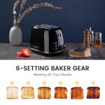 Roter Mond 2 Slice Toaster Retro Stainless Steel with Bagel, Cancel, and Defrost Functions, 6 Bread Shade Settings, Extra Wide Slots and Removable Crumb Tray, Black