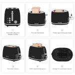 Roter Mond 2 Slice Toaster Retro Stainless Steel with Bagel, Cancel, and Defrost Functions, 6 Bread Shade Settings, Extra Wide Slots and Removable Crumb Tray, Black