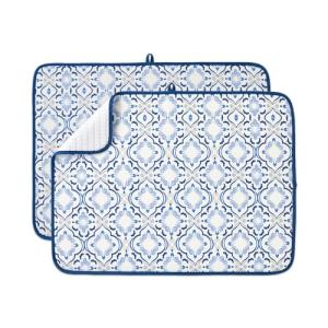 FRESHMINT Printed Dish Drying Mats for Kitchen Counter 2 Pack Absorbent Reversible Drying Mats Microfiber Kitchen Countertop Protector Dishes Drying Pad Extra Large 18"x24" Dish Mat