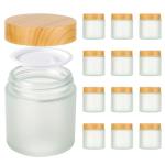 4oz Jars with Lids, Hoa Kinh 12 Pack Frosted Glass Jars with Lids Empty Cosmetic Containers Round Airtight Glass Jar with Inner Liners and Woodgrain Lid for Storing Lotions, Powders, and Ointments