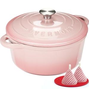 Overmont Enameled Cast Iron Dutch Oven - 5.5QT Pot with Lid Cookbook & Cotton Potholders - Heavy-Duty Cookware for Braising, Stews, Roasting, Bread Baking pink