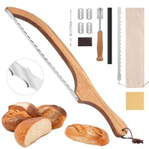 Mooues Sourdough Bread Knife, 15.7" Acacia Wood Double Serrated Bread Slicer, Ergonomic Handler, Premium Stainless Steel Bread Bow Knife for Homemade Bread, Bagels, and Baguettes