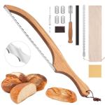 Mooues Sourdough Bread Knife, 15.7" Acacia Wood Double Serrated Bread Slicer, Ergonomic Handler, Premium Stainless Steel Bread Bow Knife for Homemade Bread, Bagels, and Baguettes