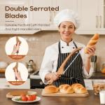 Mooues Sourdough Bread Knife, 15.7" Acacia Wood Double Serrated Bread Slicer, Ergonomic Handler, Premium Stainless Steel Bread Bow Knife for Homemade Bread, Bagels, and Baguettes