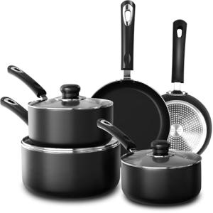 KICHLY 8 Pieces Pots and Pans Set, Non Stick Kitchen Cookware Set, Induction Frying Pans 20cm, 28cm, Saucepan with Lids 20cm, 18cm, Non Induction Saucepan 16cm, Pots and Pans Set Nonstick, Black