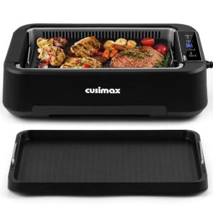 Indoor Grill, CUSIMAX Smokeless Grill Electric Grill & Griddle with REPLACEABLE Smoke Filter Sponge, 1500W Korean BBQ Grill, Smart LED Display, Larger Grilling Area, Black(New Model)