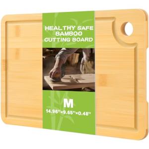 Bamboo Cutting Boards for Kitchen 14.9" x 9.6", Reversible Wood Cutting Board with Juice Groove & Side Handles, Chopping Board for Meat & Cheese, 100% Organic Bamboo