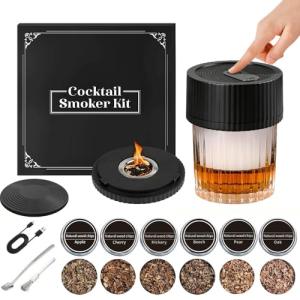 Electric Whiskey Smoker Kit - Rechargeable with Built-in Lighter, No Butane Required , Includes Rechargeable Cocktail Smoker Kit with 6 Wood Chips , Whiskey Christmas Gift for Husbands​, Men, Fathers