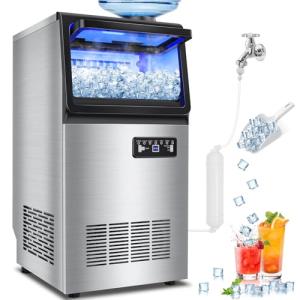 Commercial Ice Maker Machine 140LBS/24H, Dual Water Inlet Options, Freestanding Under Counter Ice Maker Smart LCD, Self-Cleaning, Quiet for Home, Bar, Restaurant, Support 5-Gallon Bottle Water