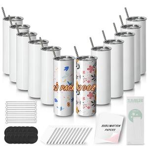 MURRICON Sublimation Tumblers 20 oz Skinny Straight,Stainless Steel Sublimation Blanks Skinny Tumbler,Double Wall Vacuum Insulated Tumblers,with lid and straw,12 Pack