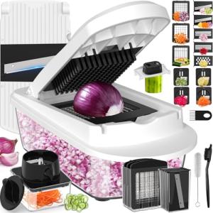 12 Blade All-in-1 Vegetable Chopper Mandoline Slicer with Container, Spiralizer with Contianers, Food Chopper, Onion Chopper, Veggie Cutter for Salad, Kitchen Gadgets Accessories Essentials, White