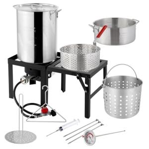 ROVSUN 30QT Turkey Fryer & 10QT Fish Fryer with 55000BTU Propane Burner, Outdoor Deep Fryer & Seafood Crawfish Boiler Steamer Pot with Thermometer, Marinade Injector, Turkey Rack & Rack Lifter