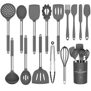 Silicone Cooking Utensil Set,Umite Chef Kitchen Utensils 15pcs Set Non-stick Heat Resistan BPA-Free Stainless Steel Handle Tools Whisk - Grey