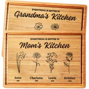Personalized Cutting Board for Mom & Grandma, Custom Christmas Gift with Garden Flowers Design, Perfect Kitchen Gift for Mom, Grandma, or Grandmom, Ideal Birth Flower & Holiday Gift Idea