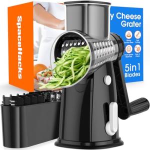 Rotary Cheese Grater Hand Crank with 5 Interchangeable Blades, Vegetable Chopper Spiralizer Slicer for Fruit Vegetable Nuts, Mandoline Slicer for Kitchen with Blades Rack & Suction Base, Black