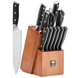 KOBACH 14-Piece Kitchen Knife Set with Oak Wood Block – 3Cr13 Stainless Steel Knife Block Set with Chef Knife, Santoku, Bread, Utility, Paring & 6 Steak Knives, Kitchen Shears & Sharpening Rod