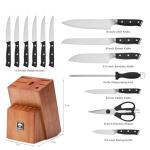 KOBACH 14-Piece Kitchen Knife Set with Oak Wood Block – 3Cr13 Stainless Steel Knife Block Set with Chef Knife, Santoku, Bread, Utility, Paring & 6 Steak Knives, Kitchen Shears & Sharpening Rod