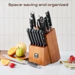 KOBACH 14-Piece Kitchen Knife Set with Oak Wood Block – 3Cr13 Stainless Steel Knife Block Set with Chef Knife, Santoku, Bread, Utility, Paring & 6 Steak Knives, Kitchen Shears & Sharpening Rod